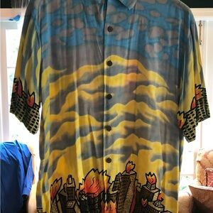 Colorful Button-Up Shirt with Cityscape Design